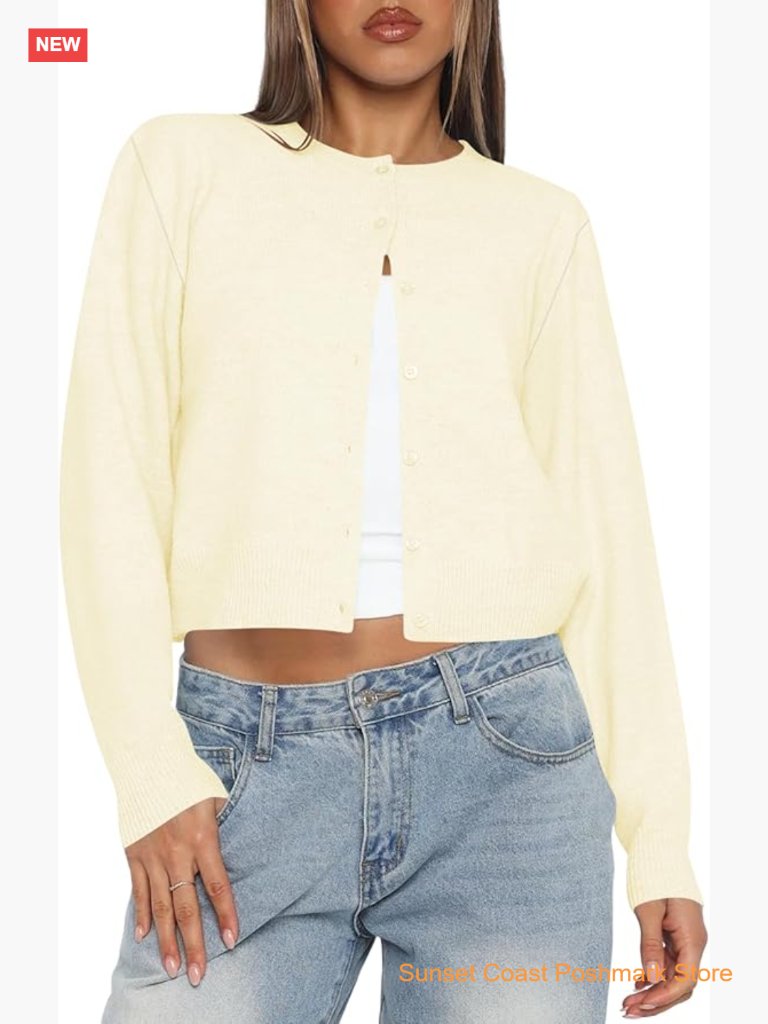 Cropped Cardigan Sweater Button Up Long Sleeve Knit Lightweight Cardigan For